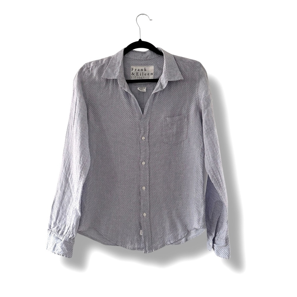 Frank & Eileen Blue Barry Linen Button Down Shirt With Red Polka Dots Size Small